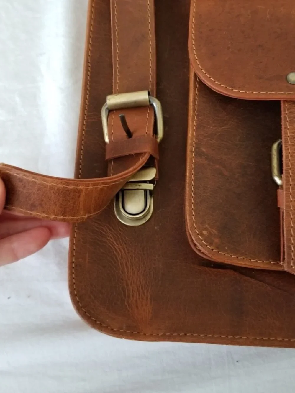 NWOT! Leather Messenger Shoulder Bag with Brass-tone Hardware & Detachable Strap